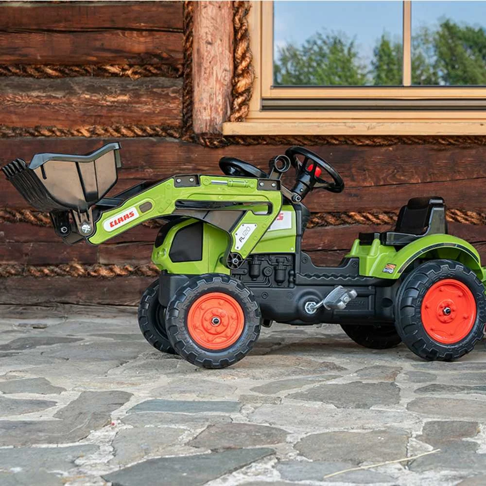 „Falk Claas“ pedalų traktorius su priekaba ir kibiru, žalias, vaikams nuo 2 iki 5 metų