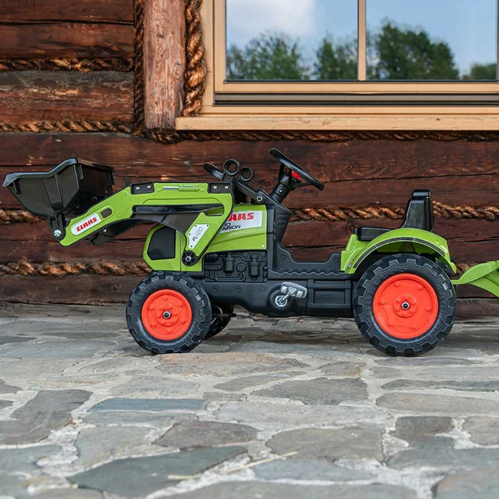 „Falk Claas“ pedalų traktorius su priekaba ir kibiru, žalias, vaikams nuo 2 iki 5 metų