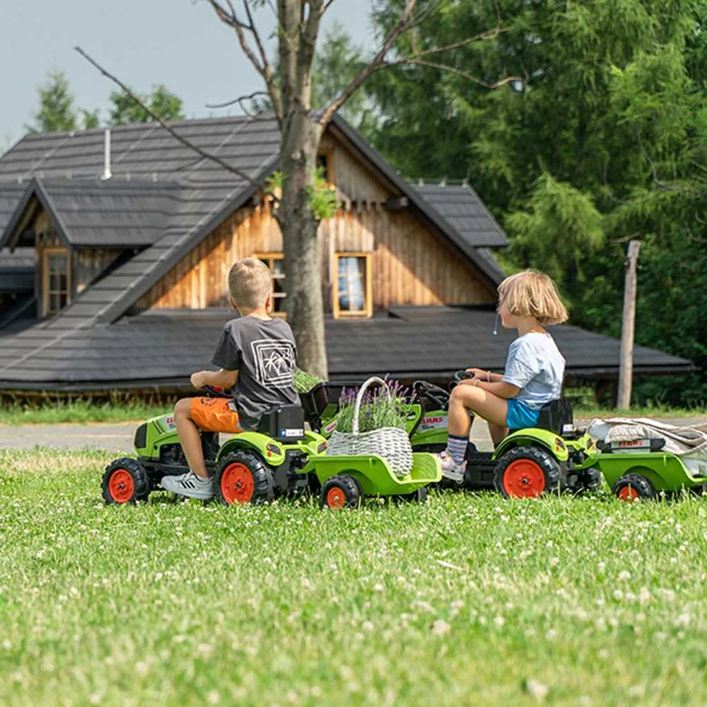 „Falk Claas“ pedalų traktorius su priekaba ir kibiru, žalias, vaikams nuo 2 iki 5 metų