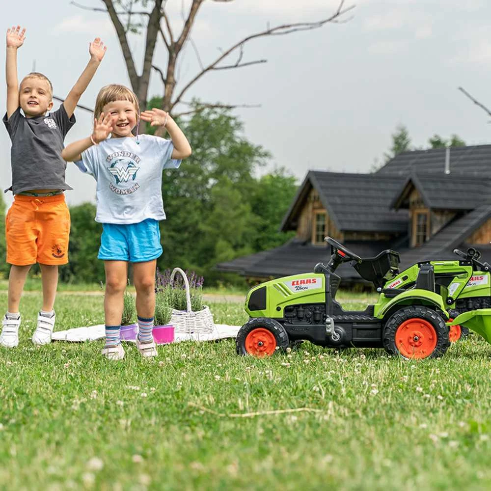 „Falk Claas“ pedalų traktorius su priekaba ir kibiru, žalias, vaikams nuo 2 iki 5 metų