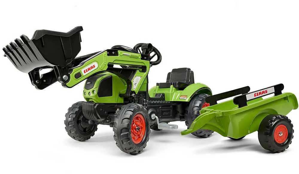„Falk Claas“ pedalų traktorius su priekaba ir kibiru, žalias, vaikams nuo 2 iki 5 metų