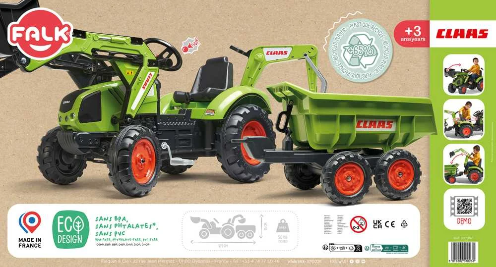 FALK pedalinis traktorius Claas Avec žalias su priekaba