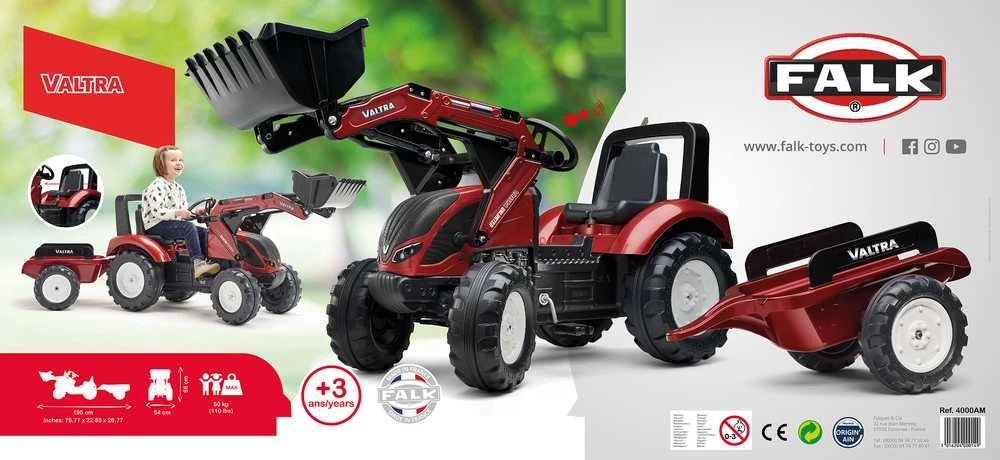 Dymo FALK pedalinis traktorius Valtra bordo spalvos su priekaba ir kaušu