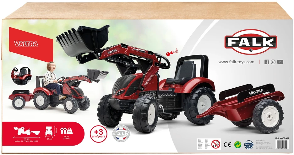 Dymo FALK pedalinis traktorius Valtra bordo spalvos su priekaba ir kaušu