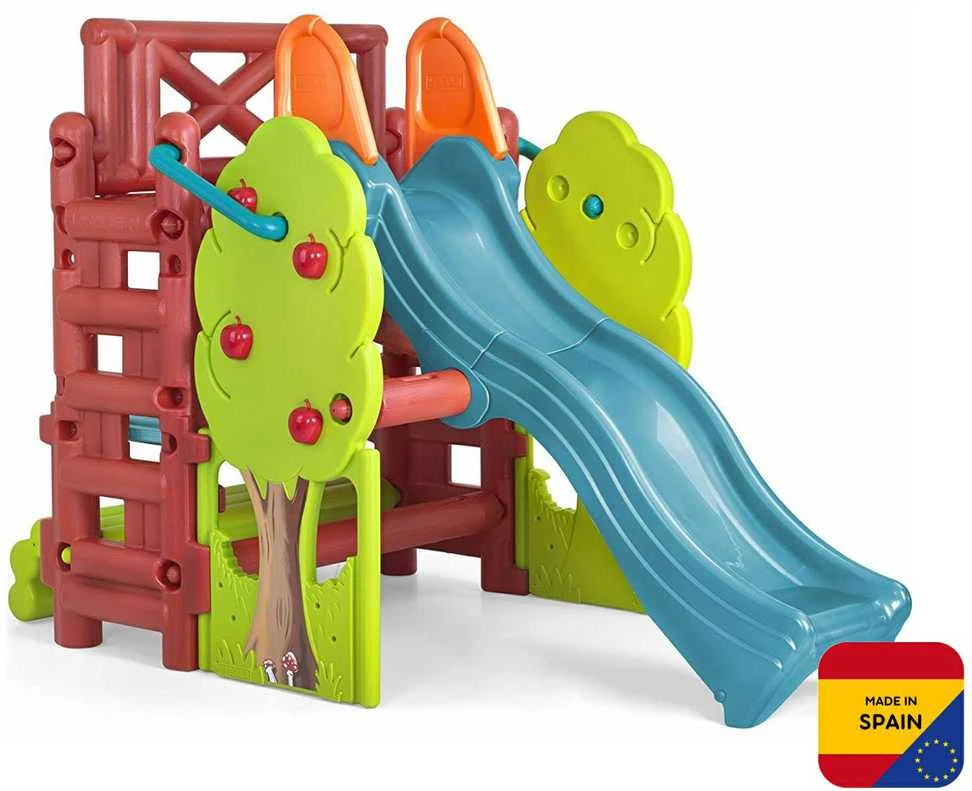 Feber medinis žaidimų namelis su čiuožykla ir staliuku Wood House