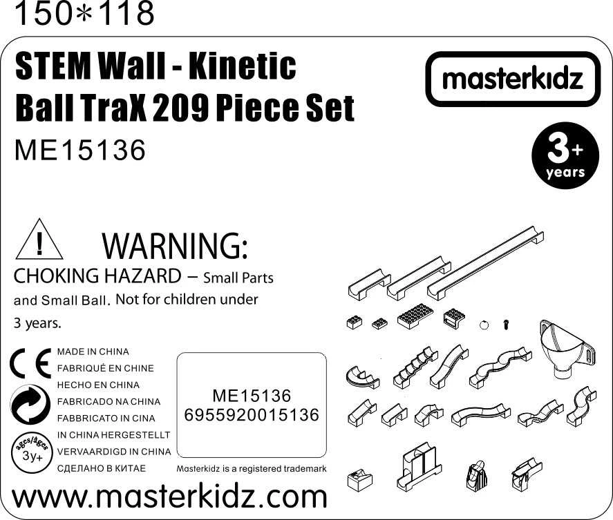 MASTERKIDZ kamuoliukų bėgimo trasos konstruktoriaus rinkinys STEM lenta 209 dalys