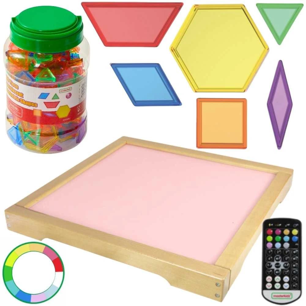 MASTERKIDZ LED šviesos skydelis, keičiantis spalvas su nuotolinio valdymo pultu + Montessori mozaikos kaladėlės, 140 vnt.