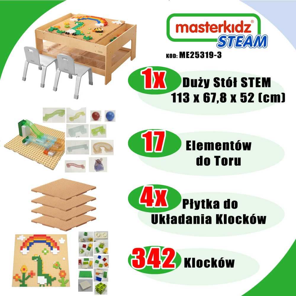MASTERKIDZ Medinis lavinamasis stalas + SIENOS PRIEDAI KIEMS + 359 vnt.