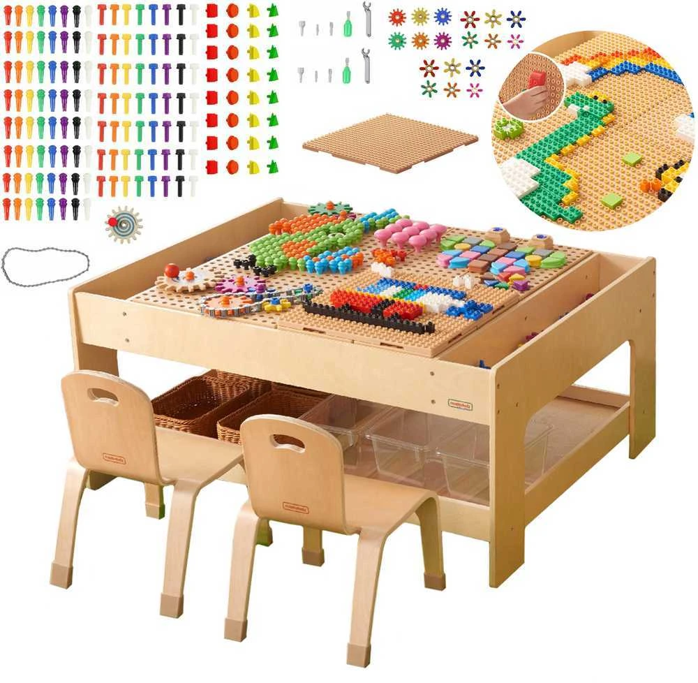 MASTERKIDZ medinis edukacinis stalas + STEM sienos priedai + 135 kaladėlės
