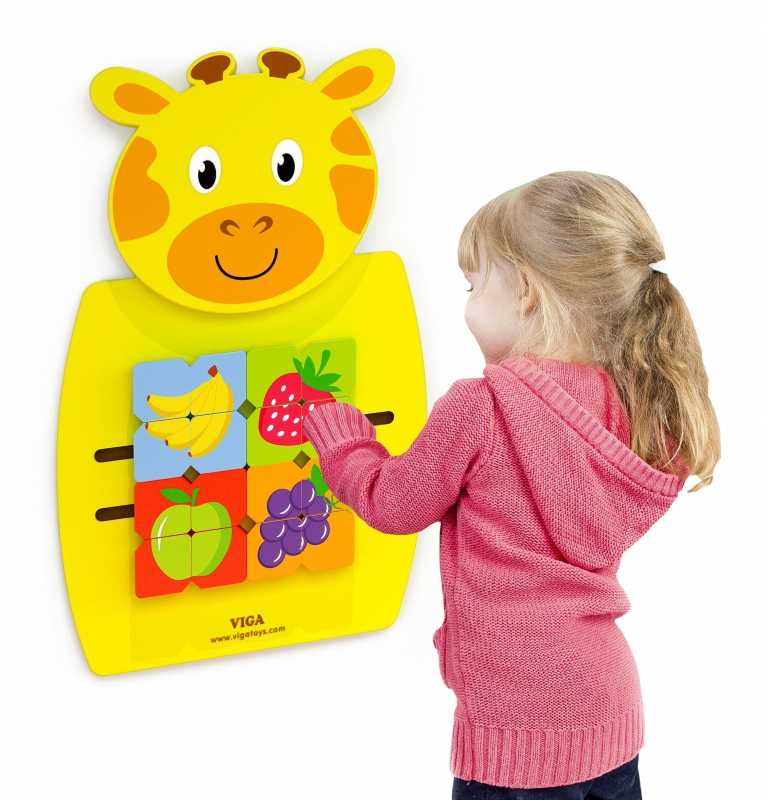 Viga Toys Medinė Sensoryinė Manipuliacinė Lentelė Žirafa su Dėlionėmis
