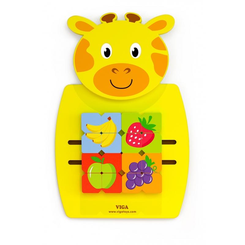 Viga Toys Medinė Sensoryinė Manipuliacinė Lentelė Žirafa su Dėlionėmis