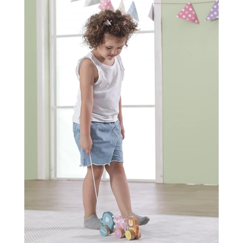 Medinis žaislinis gyvūnas traukia viga žaislus Montessori