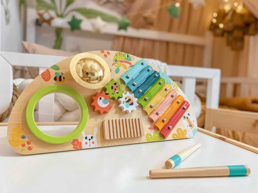 Tooky Toys Paimtas žaislinis daugiafunkcinis instrumentas Muzikinis centras ksilofonas Tarka trębek būgno plokštelė