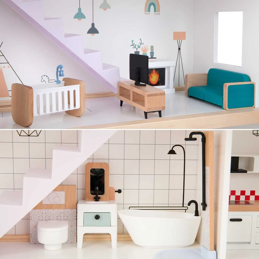 Tooky Toys TOOKY TOY Lėlių Namas Medinis 3 Aukštų su 6 Figūrėlėmis