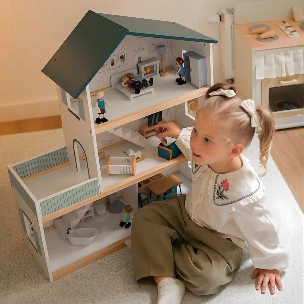 Tooky Toys TOOKY TOY Lėlių Namas Medinis 3 Aukštų su 6 Figūrėlėmis