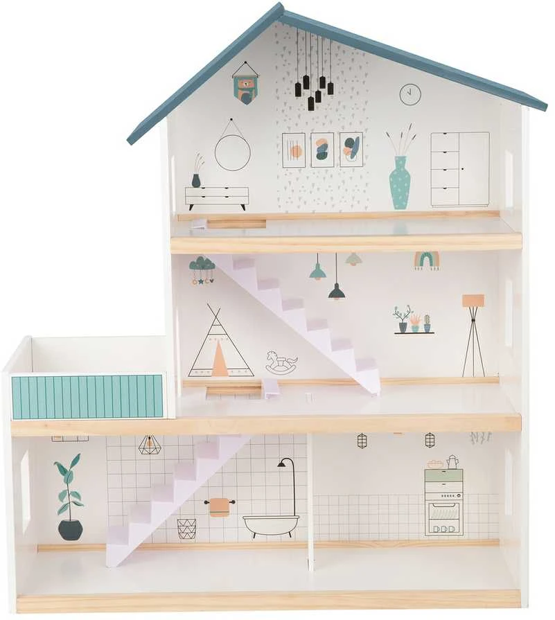 Tooky Toys TOOKY TOY Lėlių Namas Medinis 3 Aukštų su 6 Figūrėlėmis
