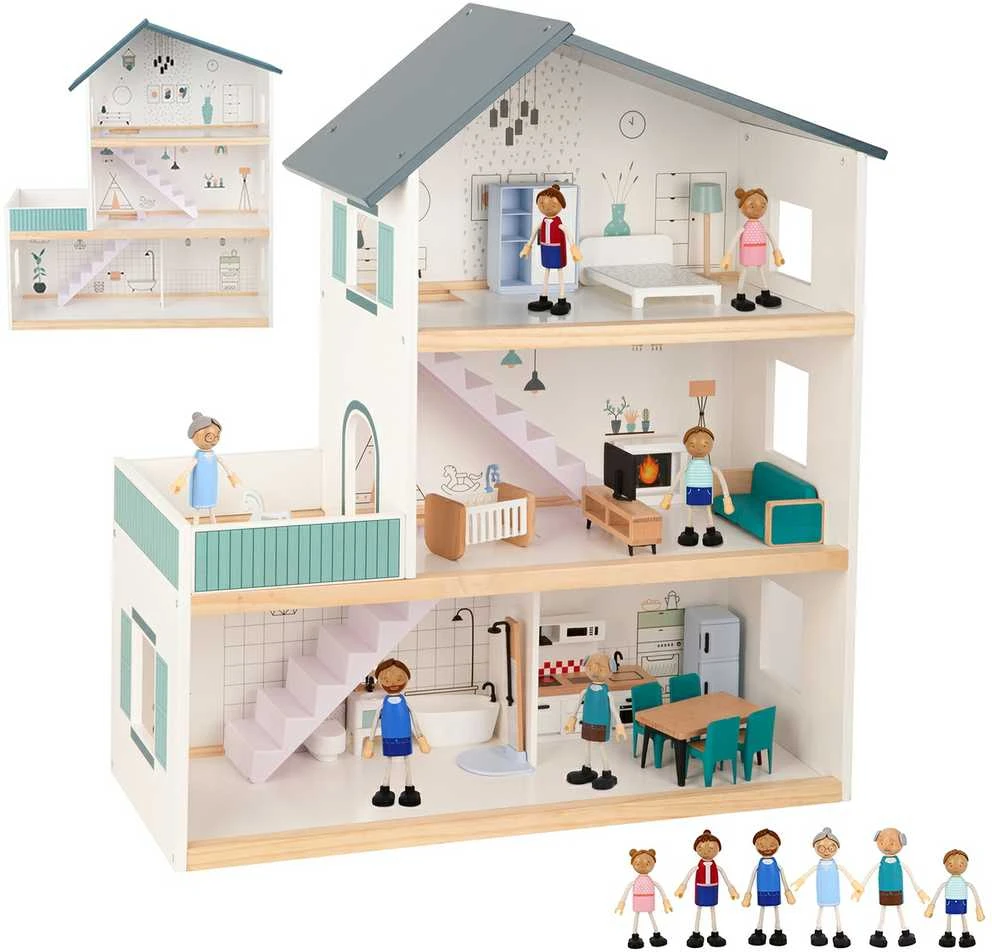 Tooky Toys TOOKY TOY Lėlių Namas Medinis 3 Aukštų su 6 Figūrėlėmis