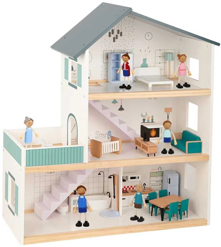 Tooky Toys TOOKY TOY Lėlių Namas Medinis 3 Aukštų su 6 Figūrėlėmis