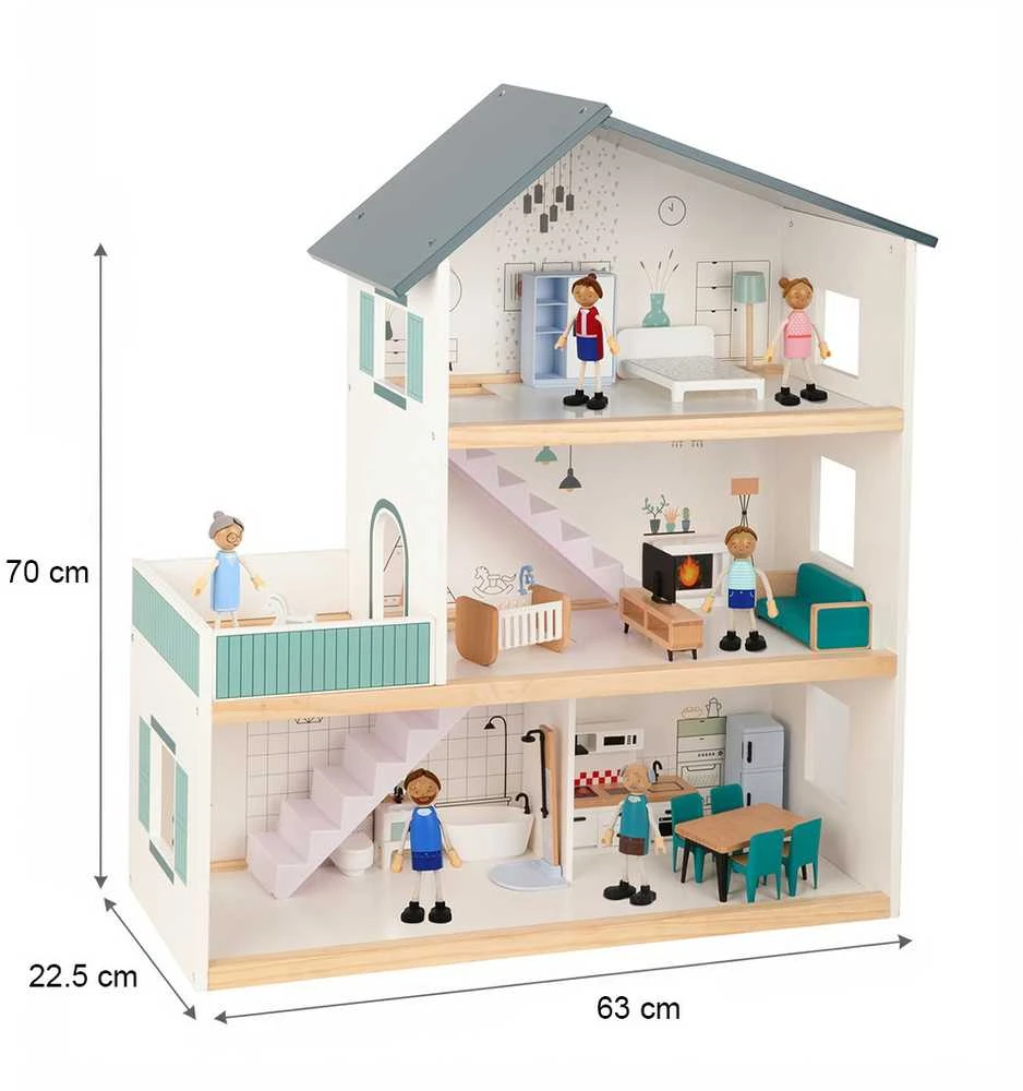 Tooky Toys TOOKY TOY Lėlių Namas Medinis 3 Aukštų su 6 Figūrėlėmis