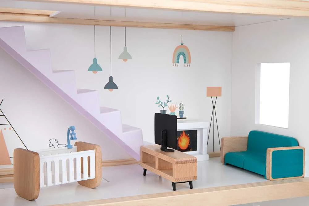 Tooky Toys TOOKY TOY Lėlių Namas Medinis 3 Aukštų su 6 Figūrėlėmis