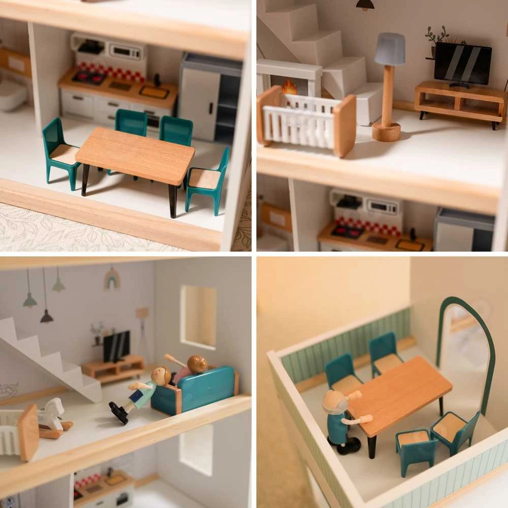 Tooky Toys TOOKY TOY Lėlių Namas Medinis 3 Aukštų su 6 Figūrėlėmis