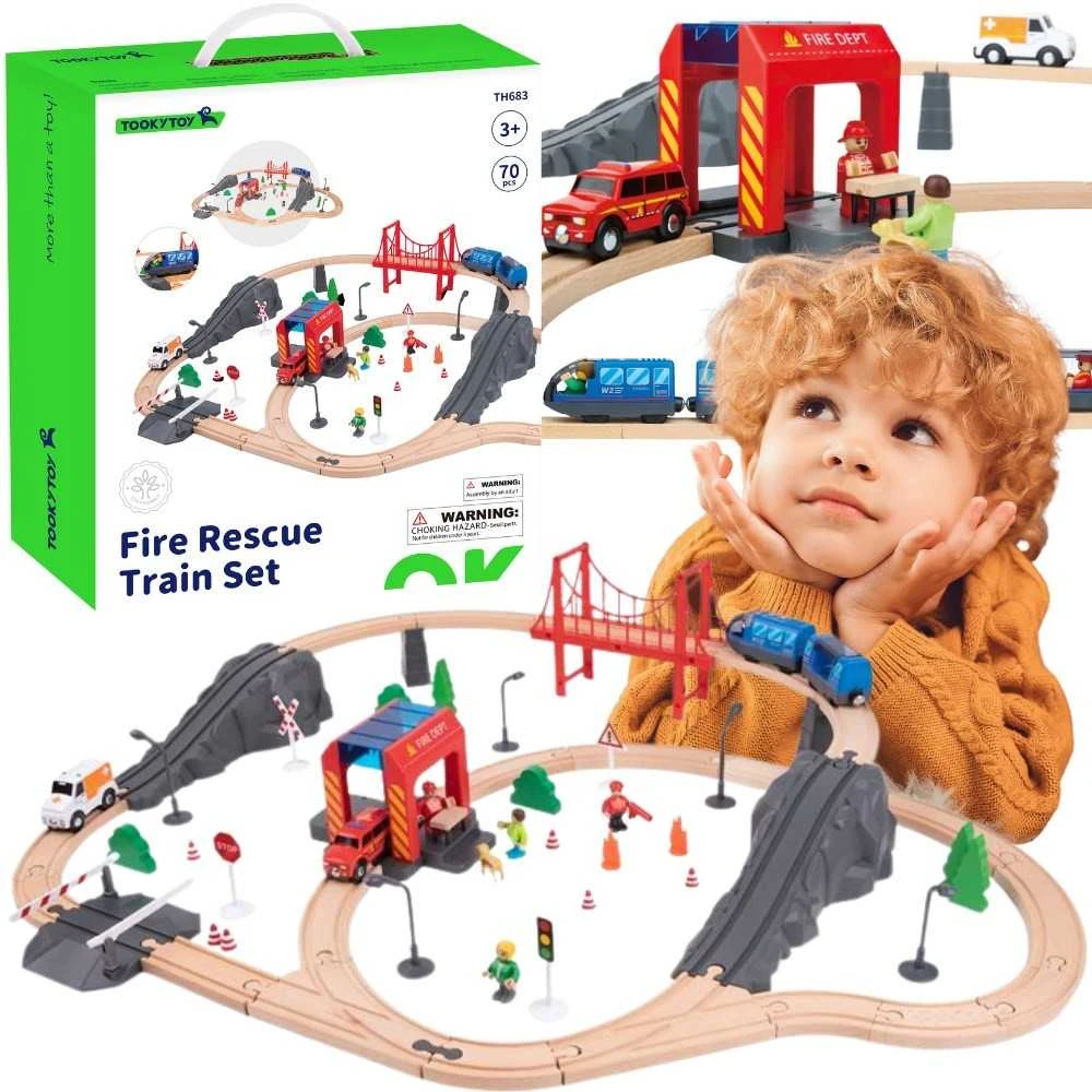 Tooky Toys Paimta žaislinė medinė eilės gaisro stažuotės greitosios pagalbos automobiliu 70 EL.