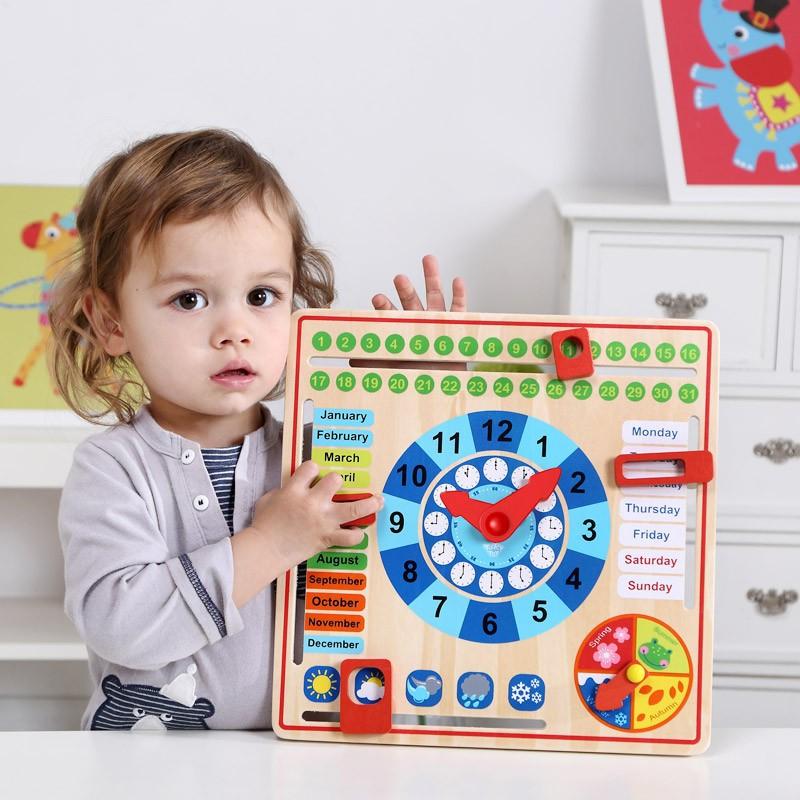 Tooky Toys Paimtas žaislinis medinis laikrodžio kalendorius 2in1