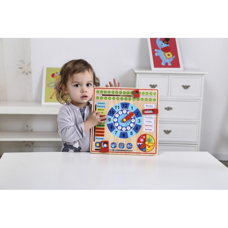 Tooky Toys Paimtas žaislinis medinis laikrodžio kalendorius 2in1