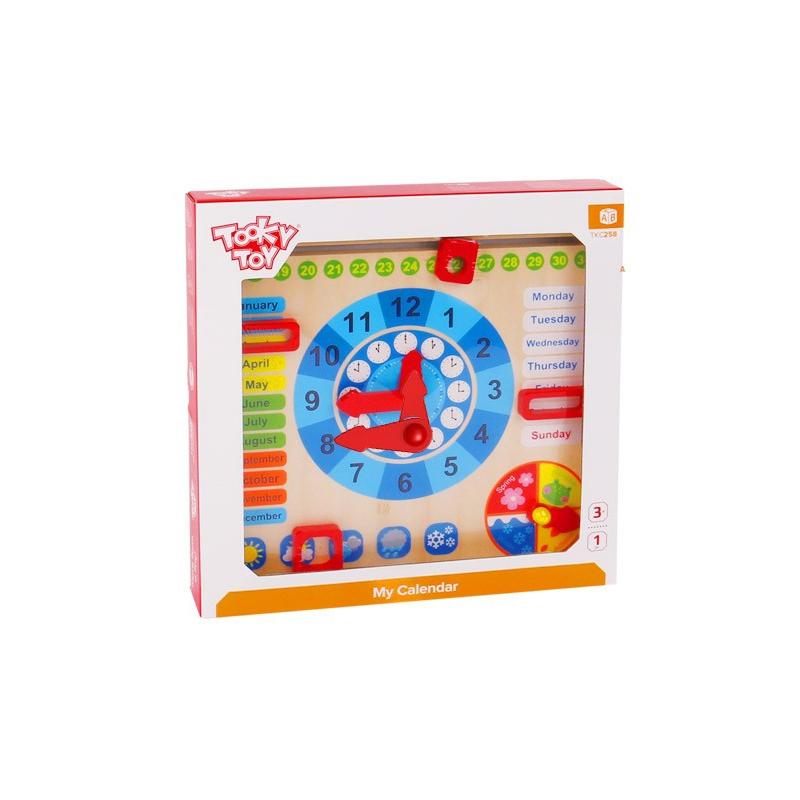Tooky Toys Paimtas žaislinis medinis laikrodžio kalendorius 2in1