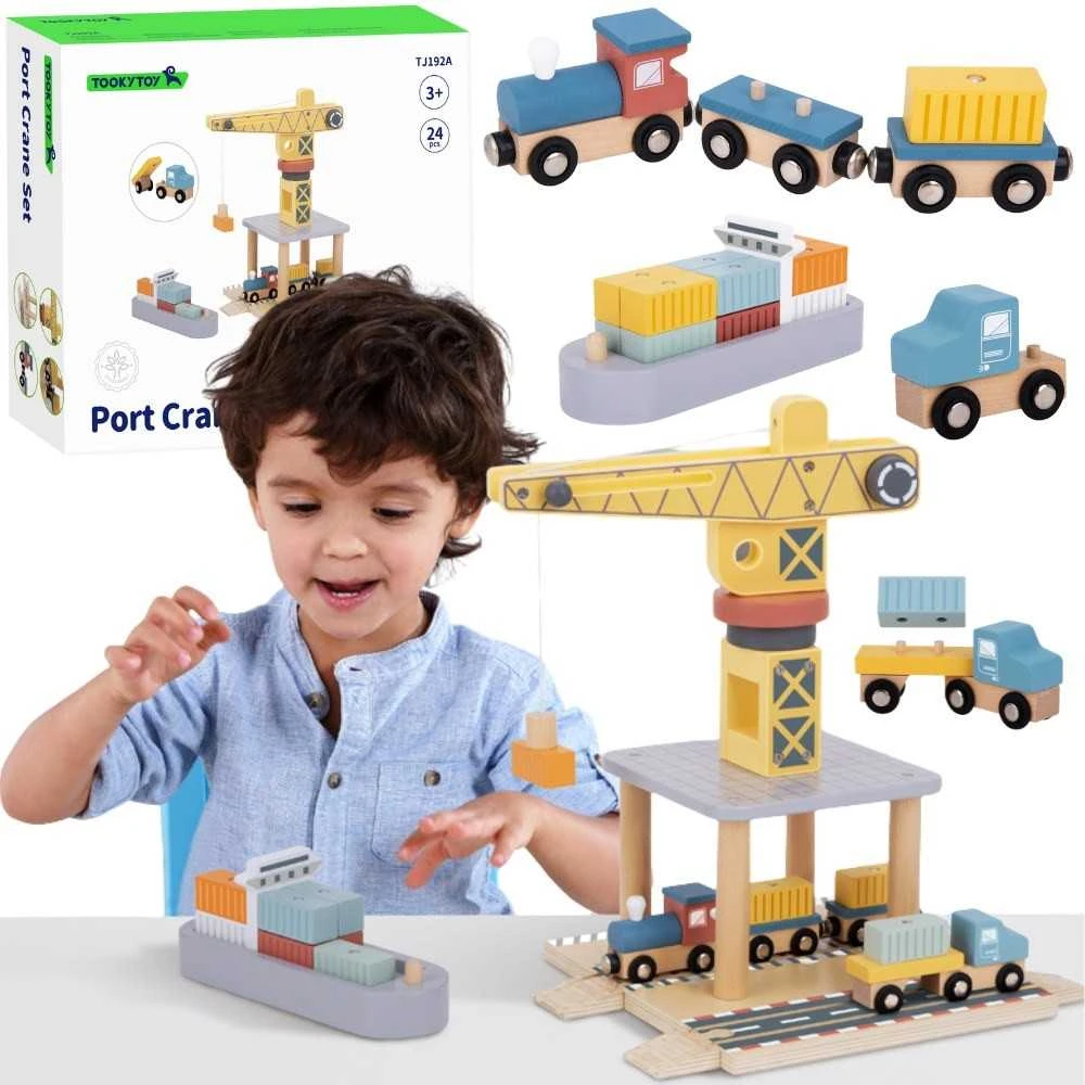 Tooky Toys TOOKY TOY medinis uosto kranas su transporto priemonėmis
