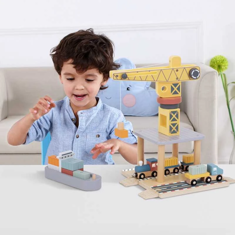 Tooky Toys TOOKY TOY medinis uosto kranas su transporto priemonėmis