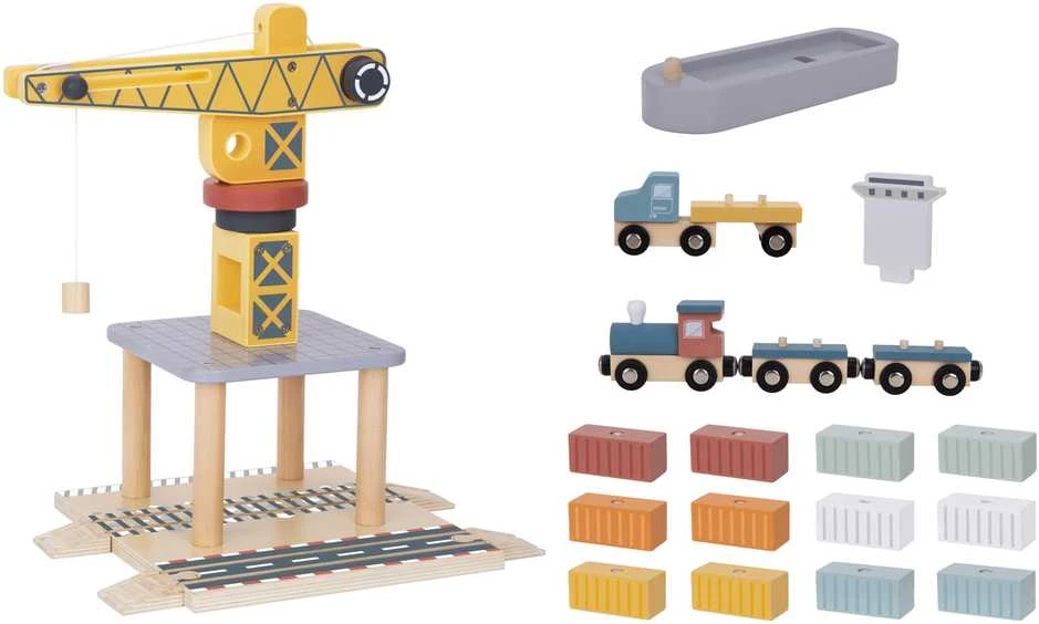 Tooky Toys TOOKY TOY medinis uosto kranas su transporto priemonėmis