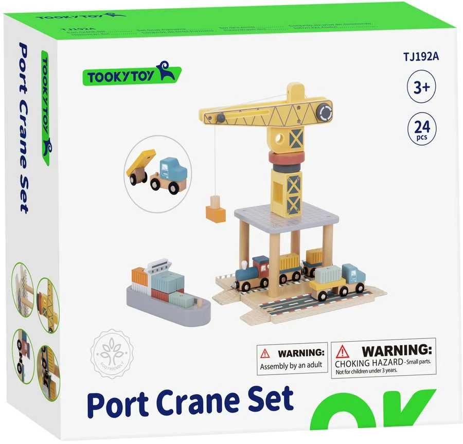 Tooky Toys TOOKY TOY medinis uosto kranas su transporto priemonėmis