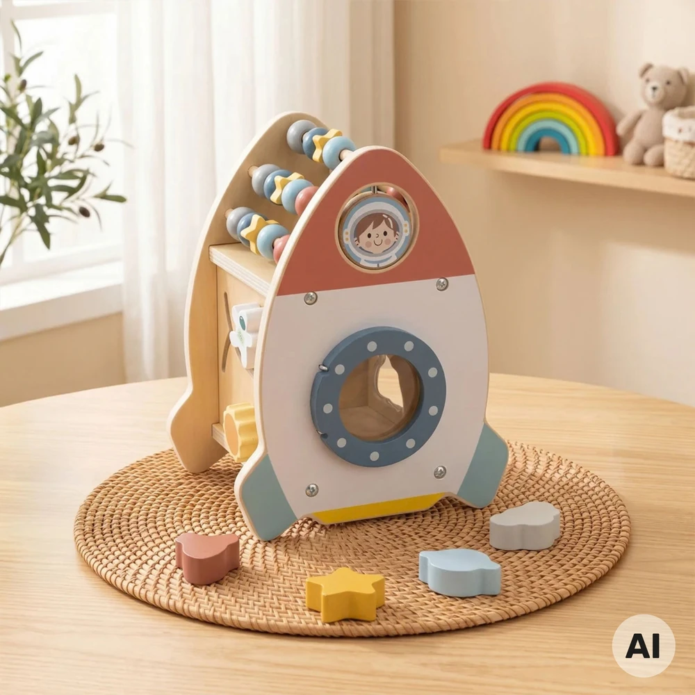 Tooky Toys TOOKY TOY Erdvės raketa lavinamasis rūšiuoklis medinis labirintas