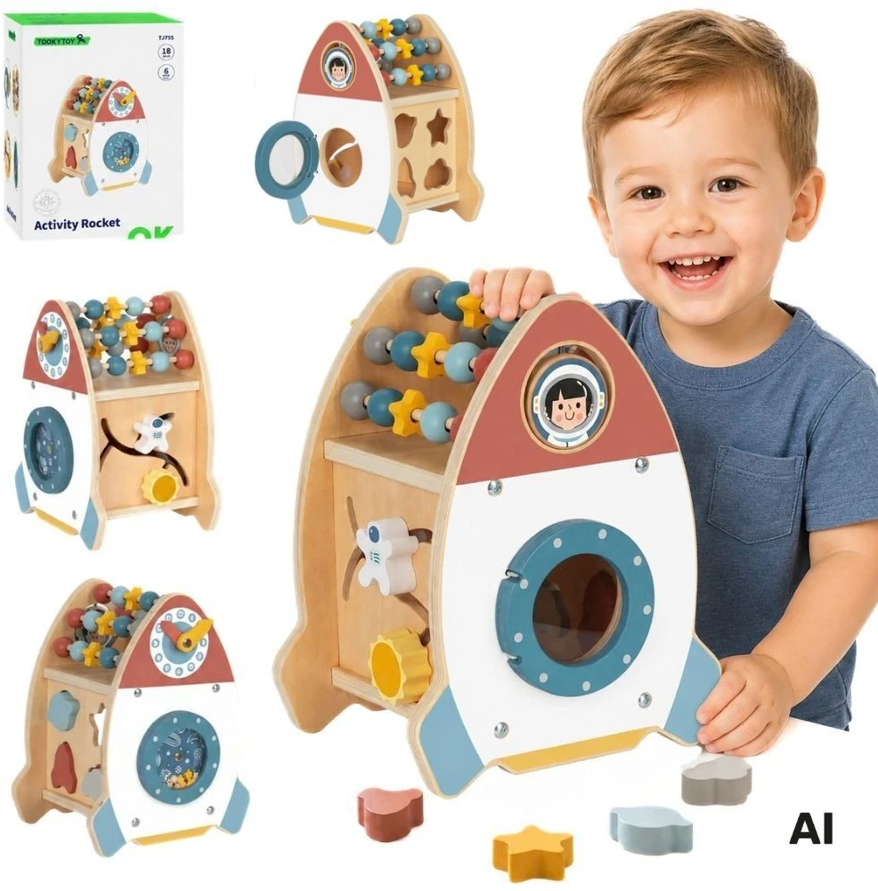 Tooky Toys TOOKY TOY Erdvės raketa lavinamasis rūšiuoklis medinis labirintas