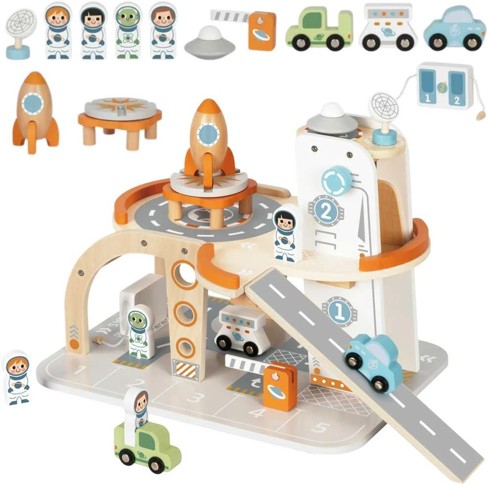 Tooky Toys Medinė kosminė stovėjimo stotis-kosminis parkingas TOOKY TOY