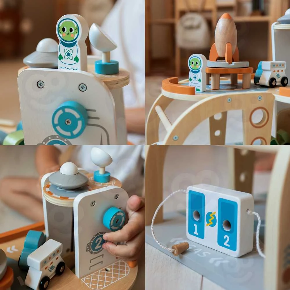 Tooky Toys Medinė kosminė stovėjimo stotis-kosminis parkingas TOOKY TOY