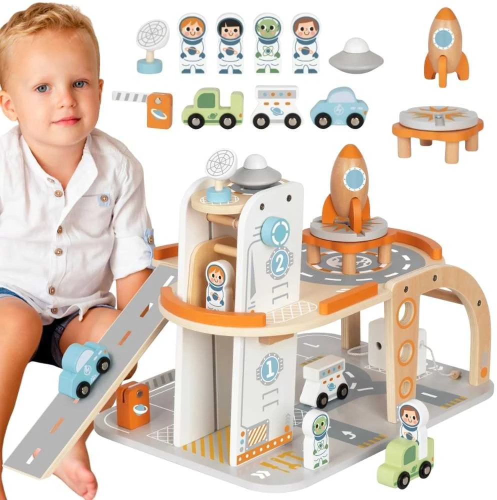 Tooky Toys Medinė kosminė stovėjimo stotis-kosminis parkingas TOOKY TOY