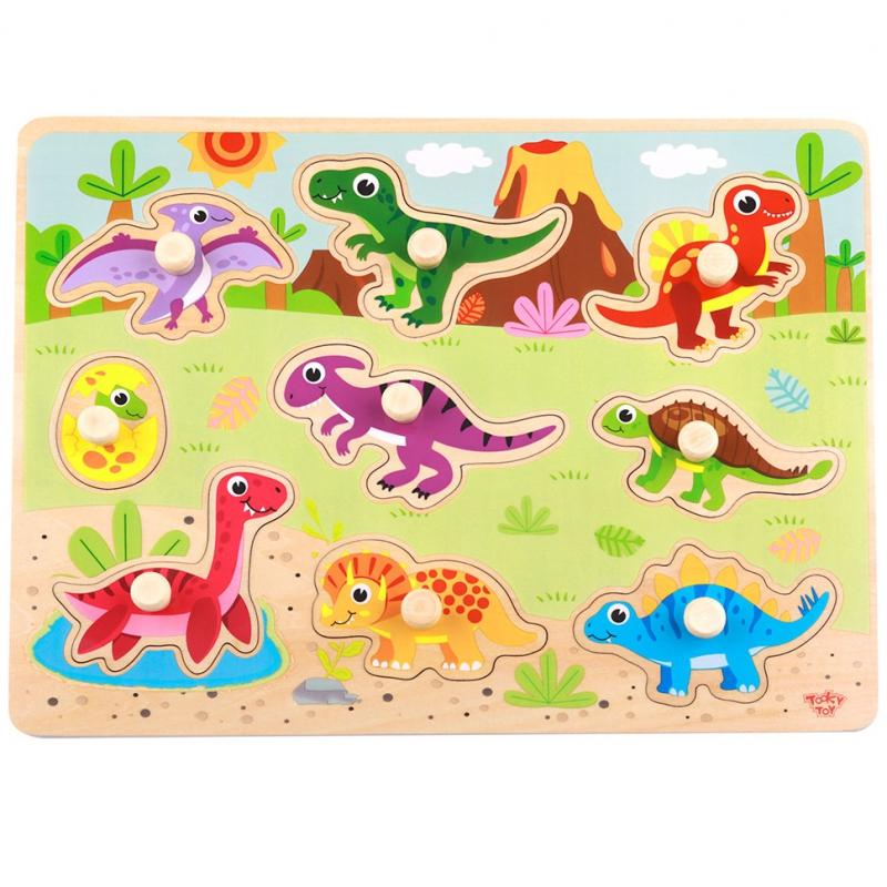 Tooky Toys Paėmę žaislinę medinę montessori dėlionės dėlionės dinozaurai