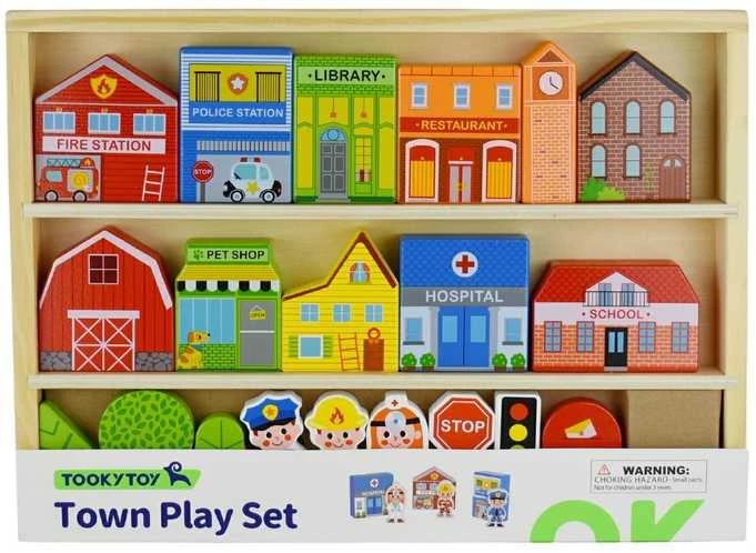Tooky Toys Paimtas žaislinis medinis pastatų komplektas ir „Figurines City“