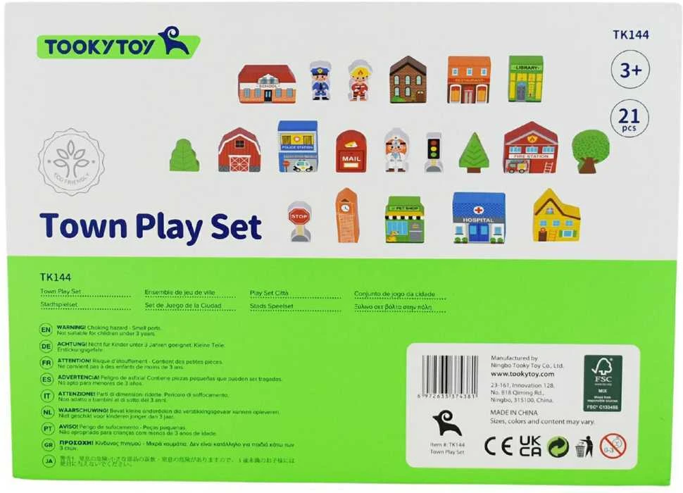 Tooky Toys Paimtas žaislinis medinis pastatų komplektas ir „Figurines City“