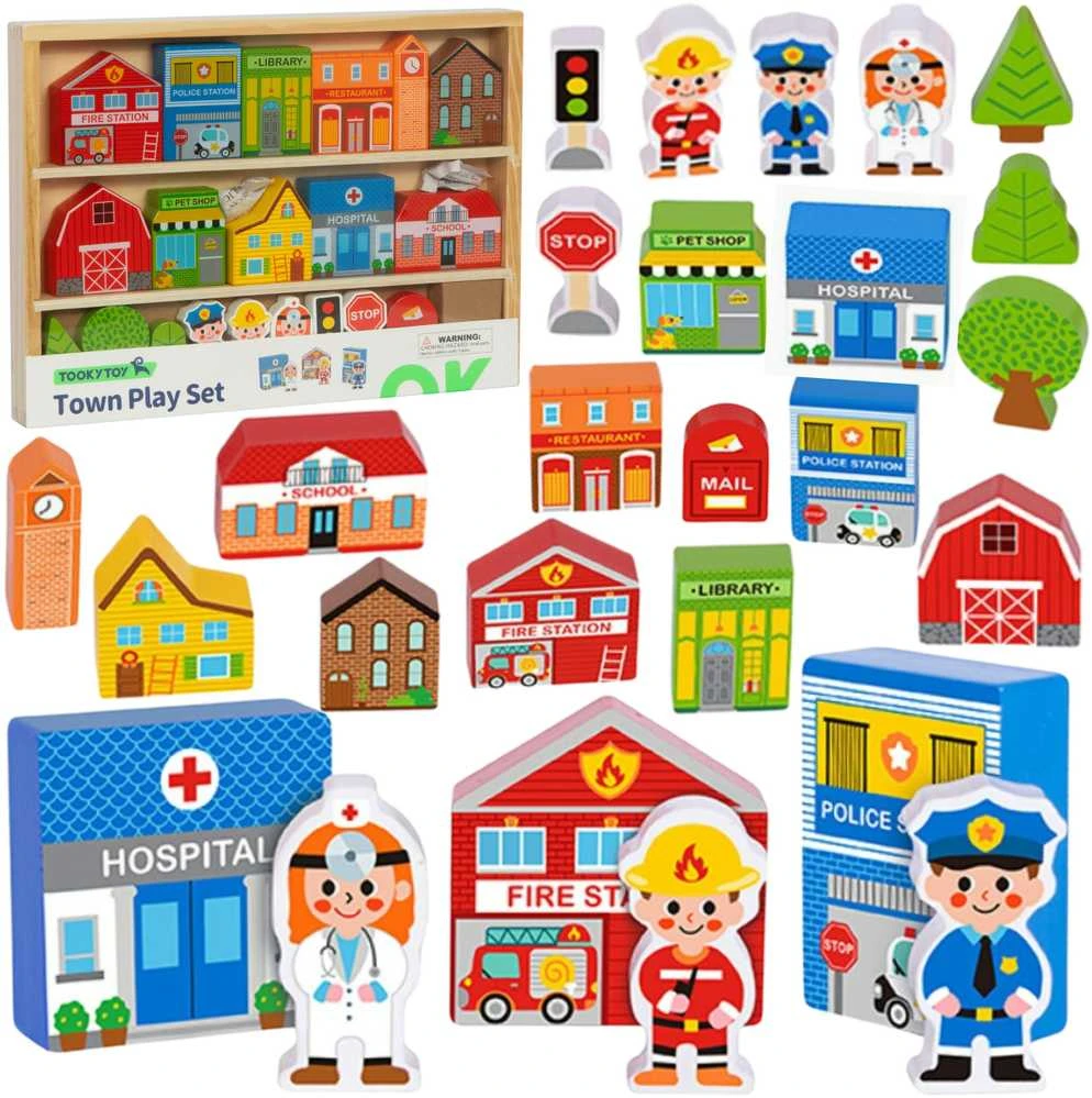 Tooky Toys Paimtas žaislinis medinis pastatų komplektas ir „Figurines City“