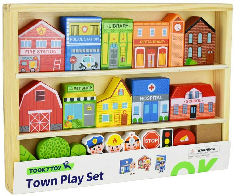 Tooky Toys Paimtas žaislinis medinis pastatų komplektas ir „Figurines City“