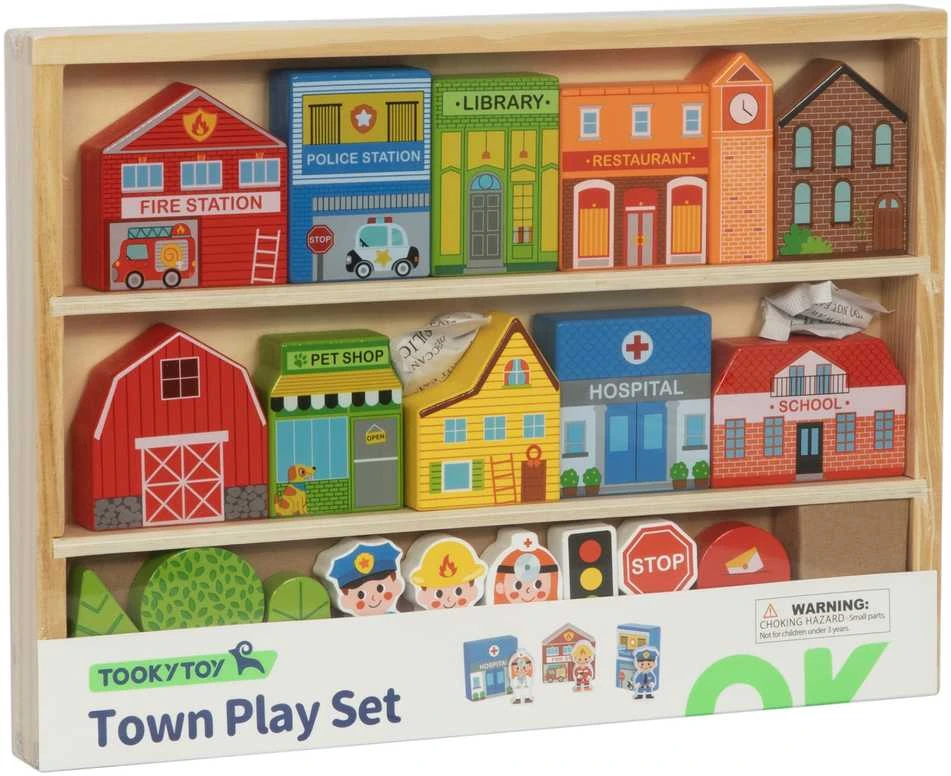 Tooky Toys Paimtas žaislinis medinis pastatų komplektas ir „Figurines City“