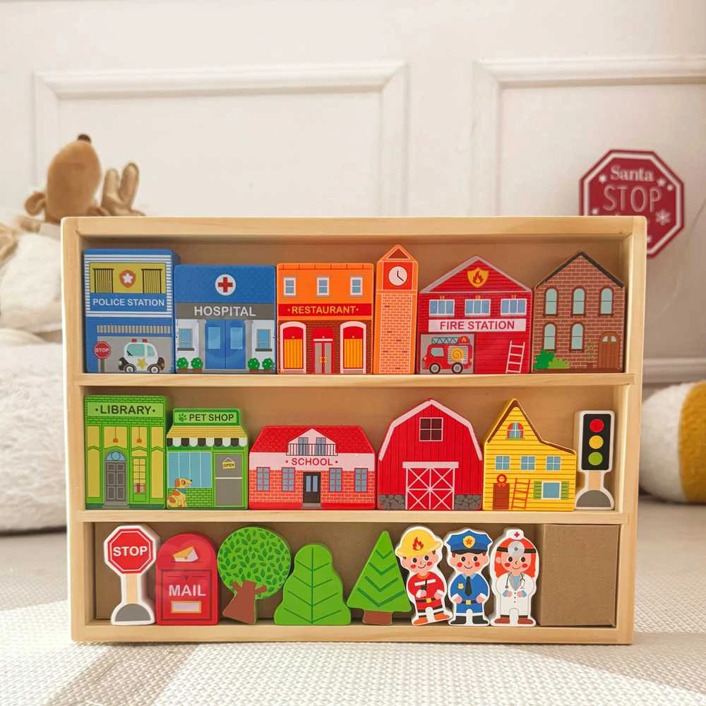 Tooky Toys Paimtas žaislinis medinis pastatų komplektas ir „Figurines City“