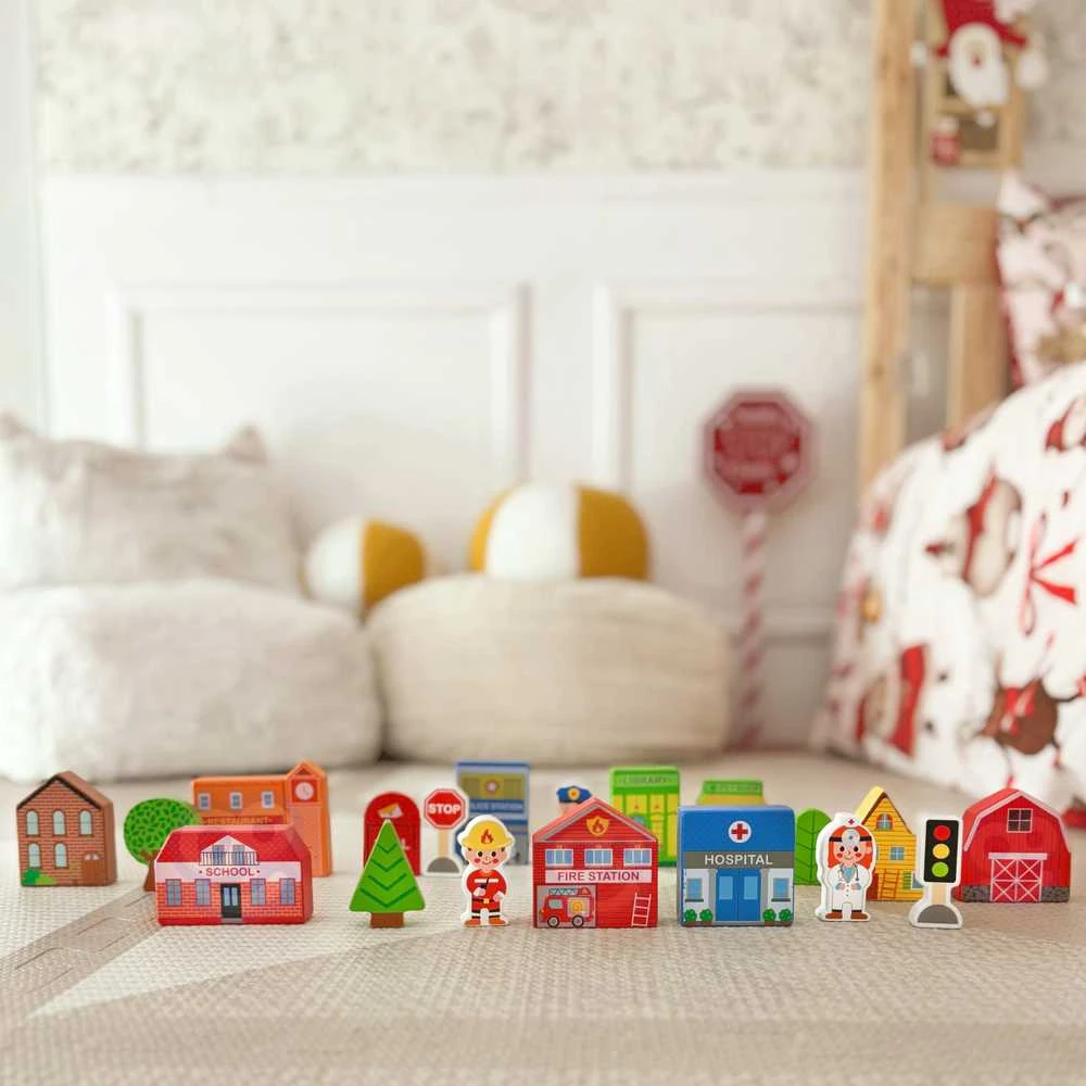 Tooky Toys Paimtas žaislinis medinis pastatų komplektas ir „Figurines City“