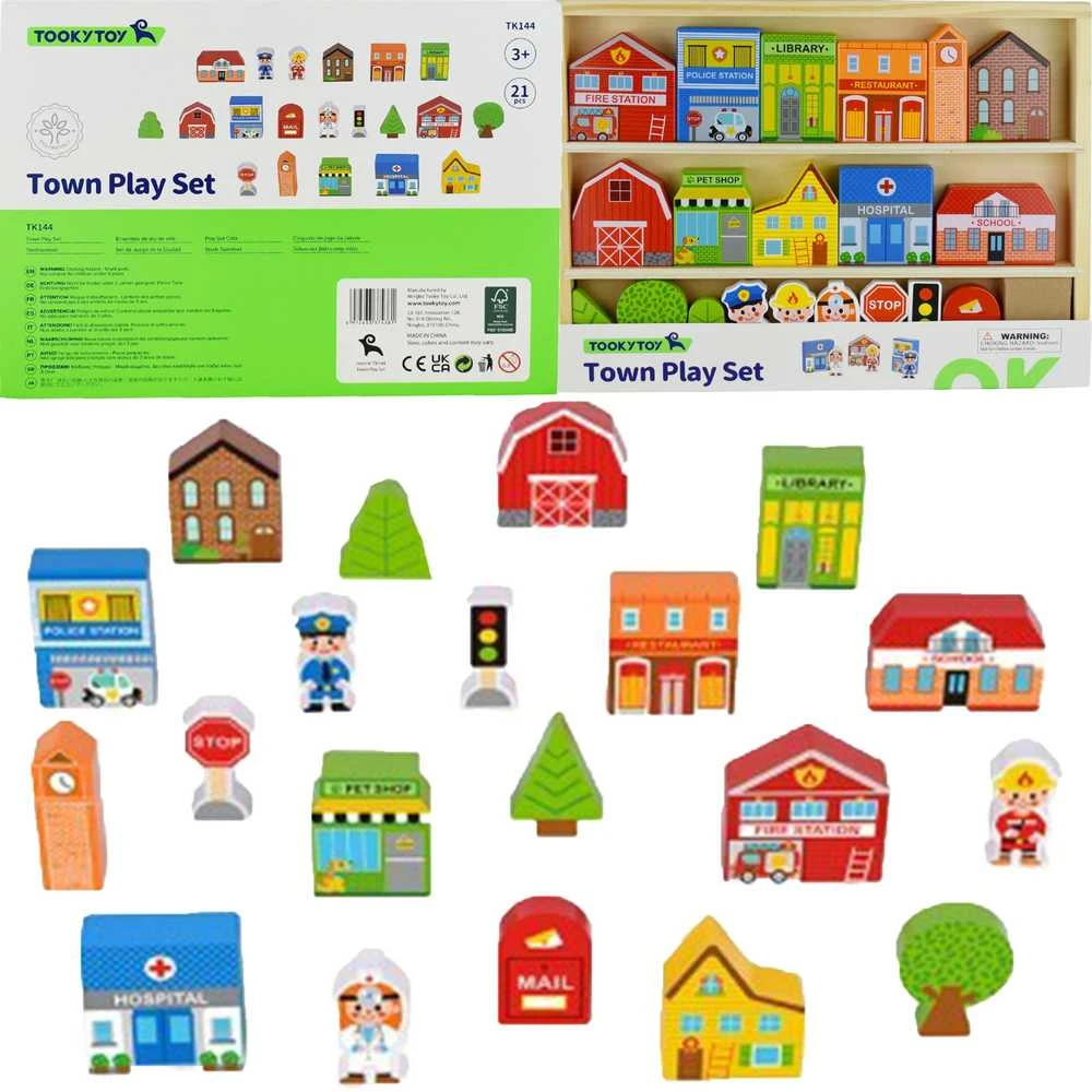 Tooky Toys Paimtas žaislinis medinis pastatų komplektas ir „Figurines City“