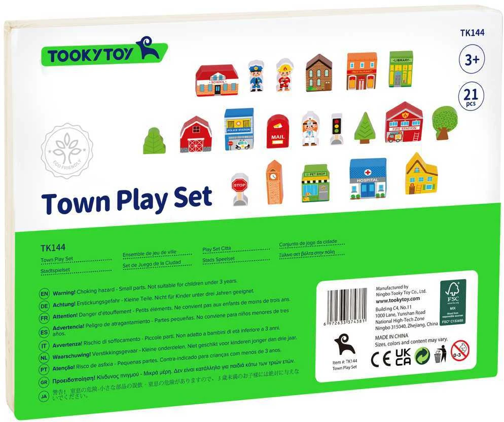 Tooky Toys Paimtas žaislinis medinis pastatų komplektas ir „Figurines City“