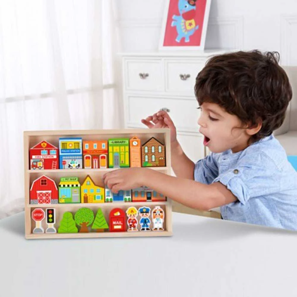 Tooky Toys Paimtas žaislinis medinis pastatų komplektas ir „Figurines City“