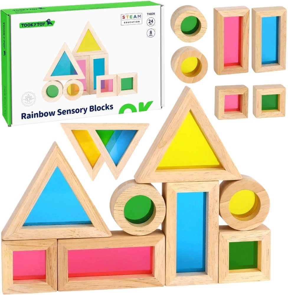 Tooky Toys Žaisliniai mediniai spalvingi veidrodžių blokai 8 rinkiniai. FSC